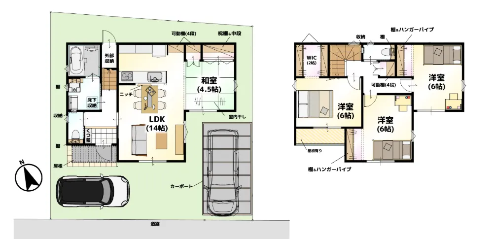外部収納など各所に豊富な収納を設置！