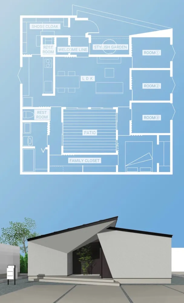 中庭にある平屋の間取り